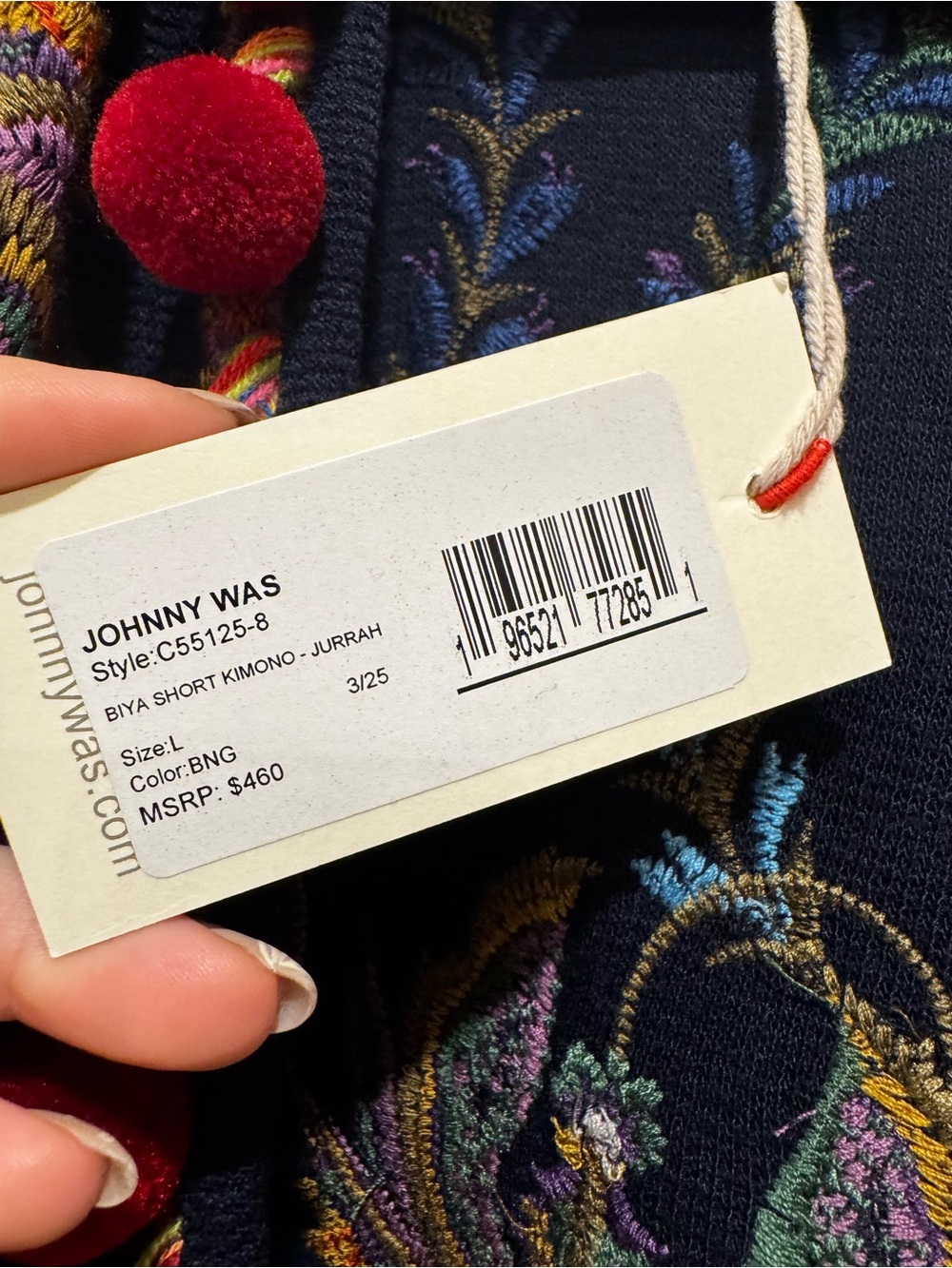 Johnny Was Navy Embroidered Kimono Cardigan with Red Pom Accents - Picture 4 of 11